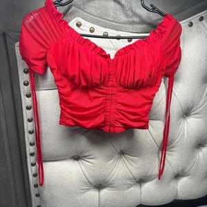 Red Ruched Puff Sleeve Top